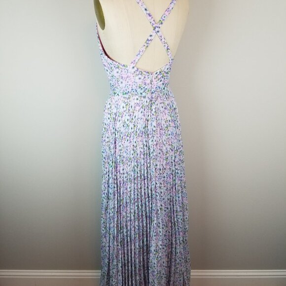 Laundry Pink & Blue Floral Pleated Chiffon Maxi Dress by Shelli Segal * Size 4 - Picture 9 of 13